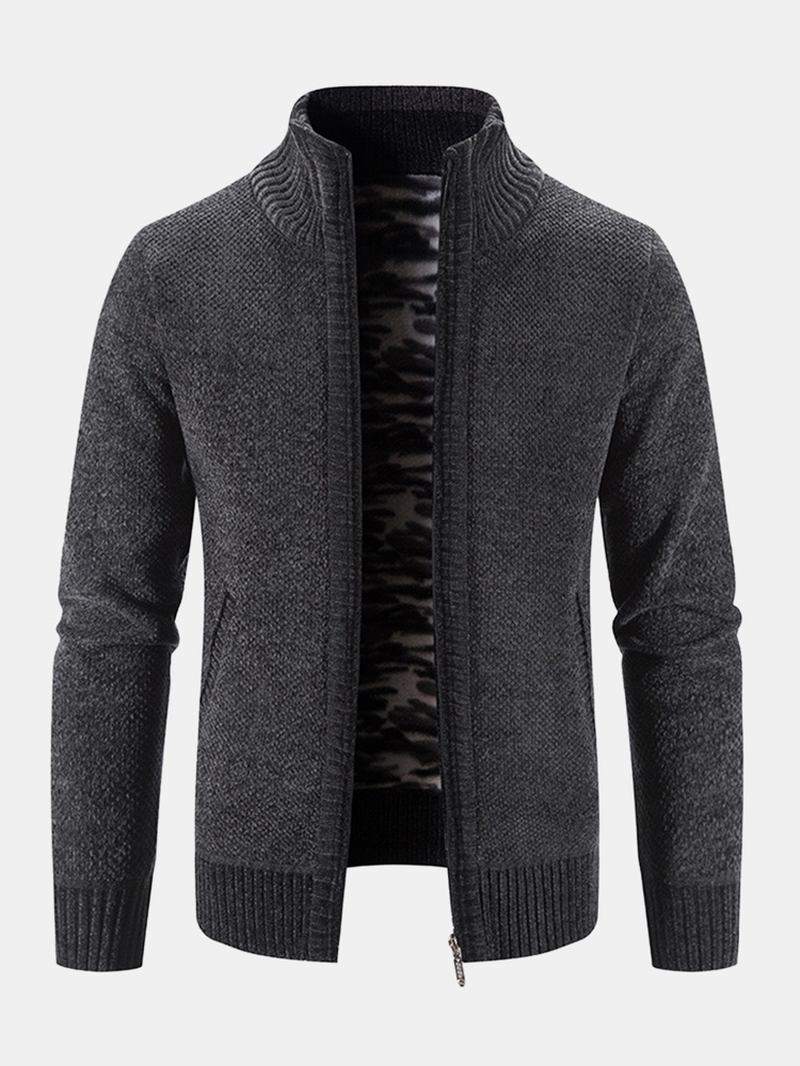 Män Stickade Plus Sammet Elastiska Fållfickor Dragkedja Pure Solid Sweater Cardigans