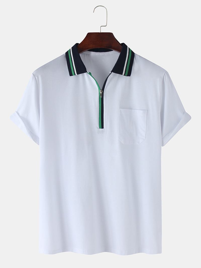 Herr Front Zip Bröstficka Kortärmad Lesure Sport Golf Shirts