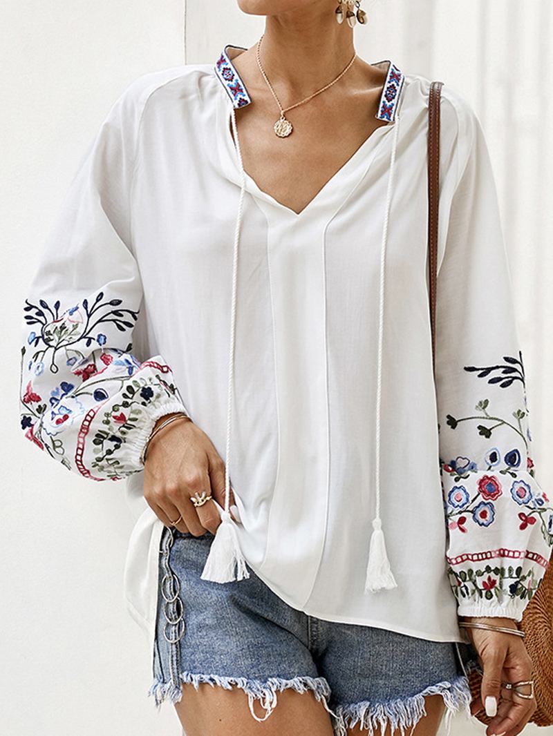 Blomsterbroderi V-ringad Dragsko I Manschetter Casual Blus