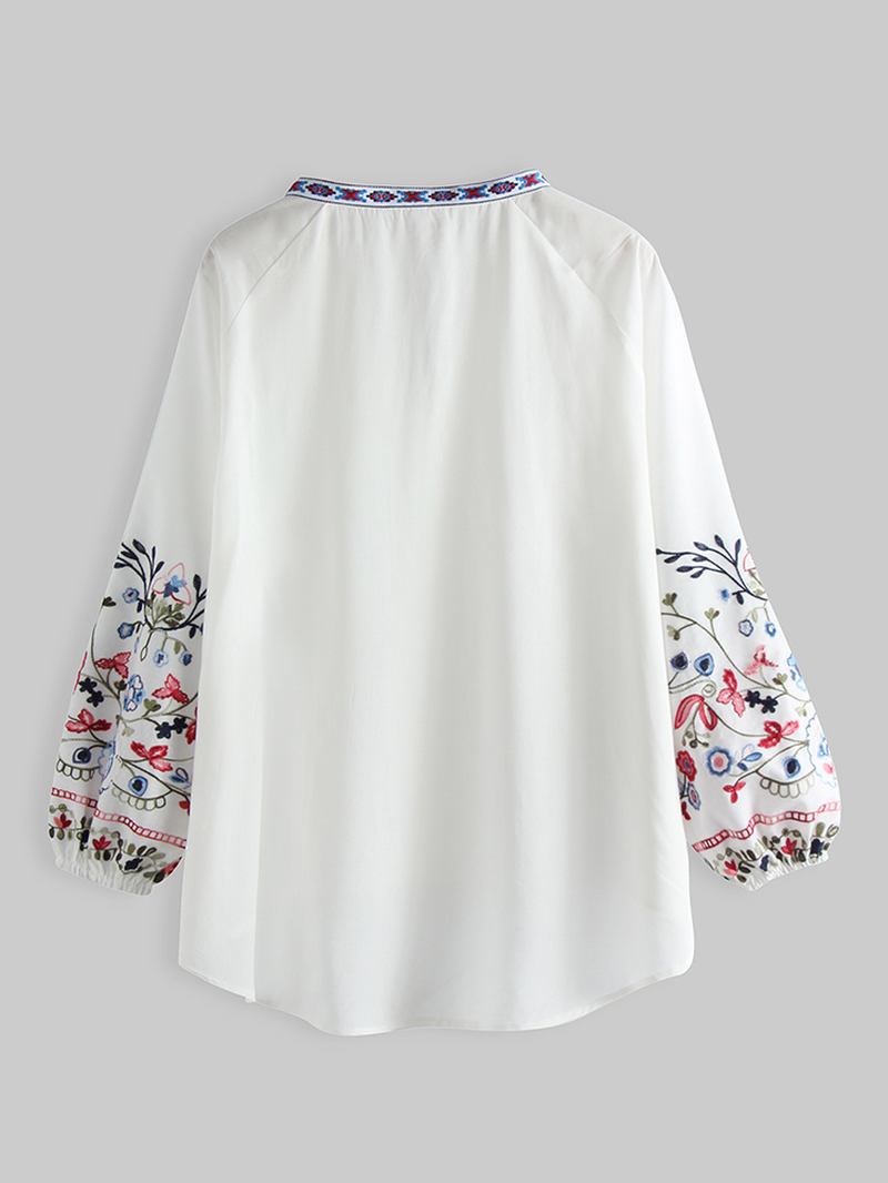 Blomsterbroderi V-ringad Dragsko I Manschetter Casual Blus