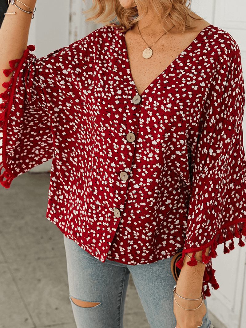 Bohemian Polka Dot Med Tryck Blommig V-ringad Casual Tofs Blus