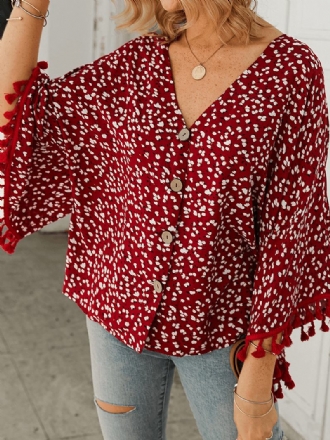 Bohemian Polka Dot Med Tryck Blommig V-ringad Casual Tofs Blus