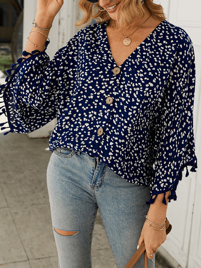 Bohemian Polka Dot Med Tryck Blommig V-ringad Casual Tofs Blus