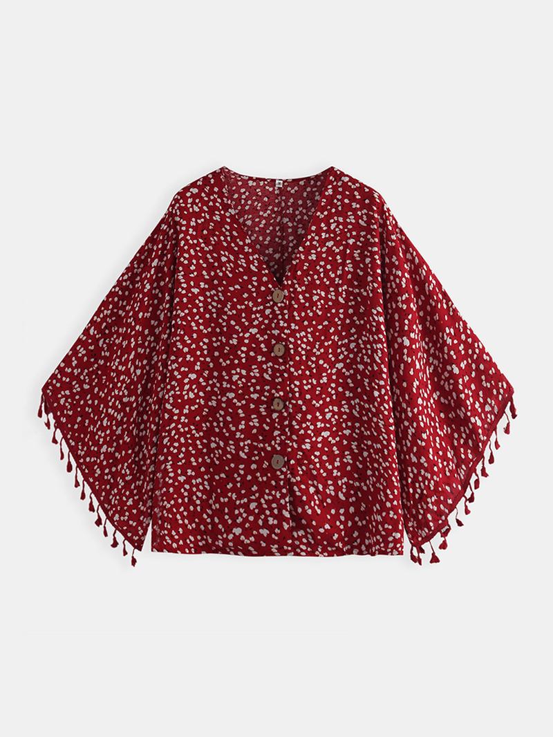 Bohemian Polka Dot Med Tryck Blommig V-ringad Casual Tofs Blus