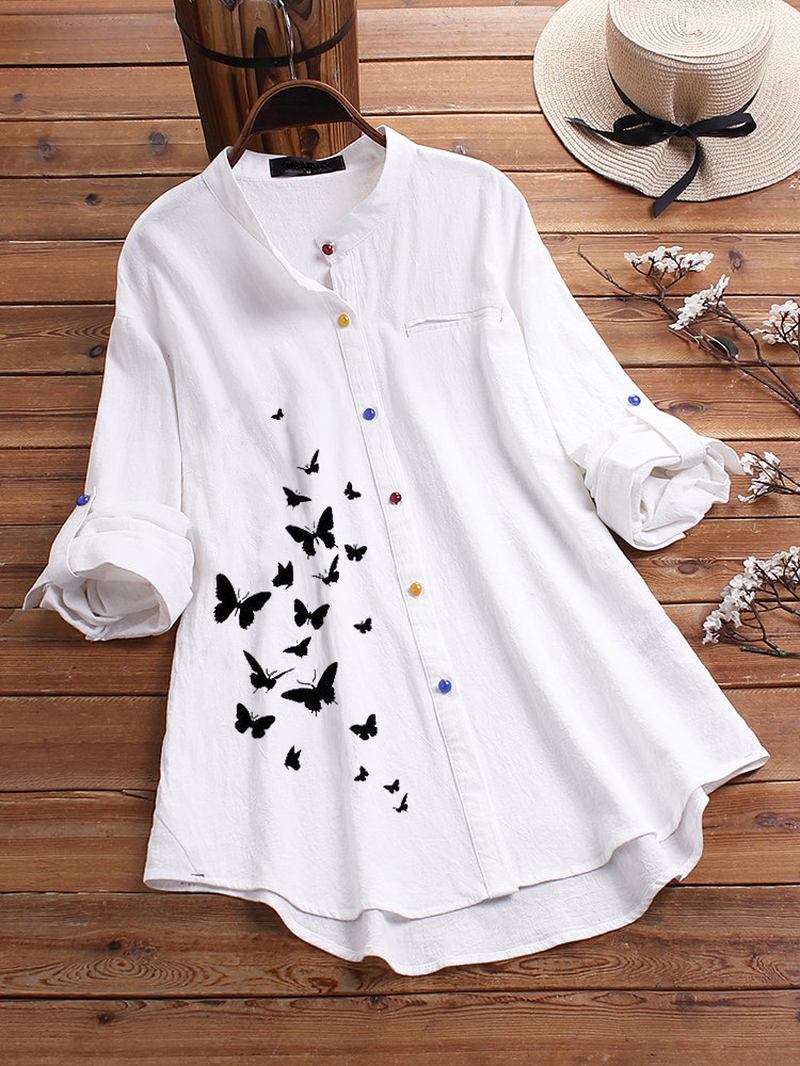 Butterfly Med Tryck Button Causal Shirts Blus