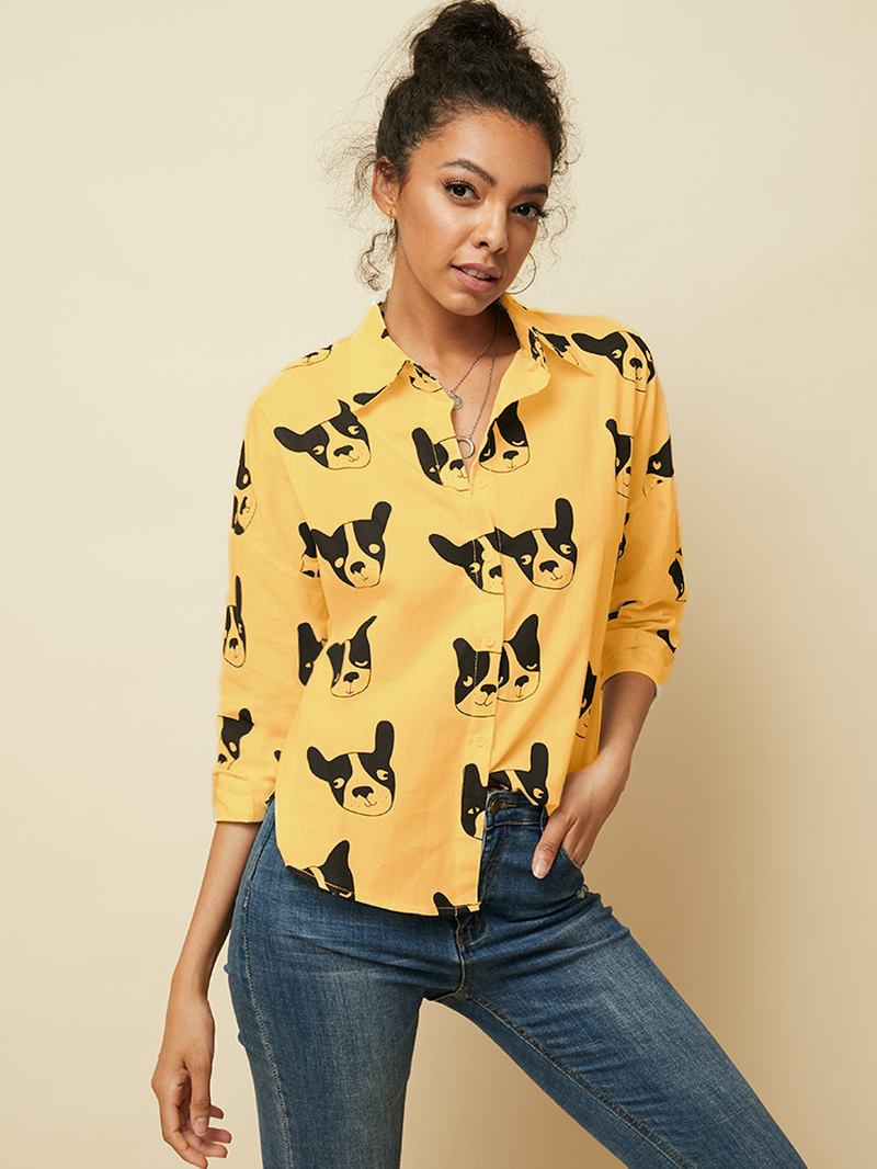 Cartoon Dog Animal Med Tryck Button Down Långärmad Oregelbunden Fåll Casual Blus För Kvinnor