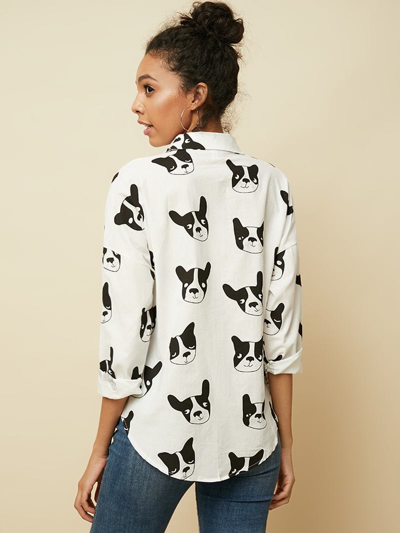 Cartoon Dog Animal Med Tryck Button Down Långärmad Oregelbunden Fåll Casual Blus För Kvinnor