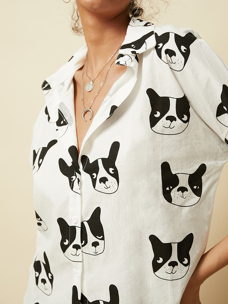 Cartoon Dog Animal Med Tryck Button Down Långärmad Oregelbunden Fåll Casual Blus För Kvinnor