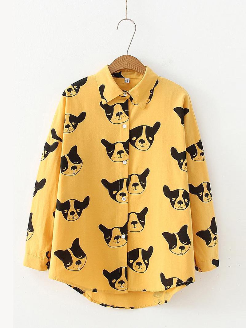 Cartoon Dog Animal Med Tryck Button Down Långärmad Oregelbunden Fåll Casual Blus För Kvinnor