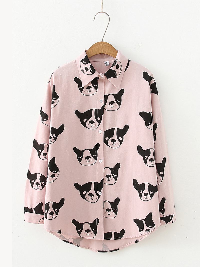 Cartoon Dog Animal Med Tryck Button Down Långärmad Oregelbunden Fåll Casual Blus För Kvinnor