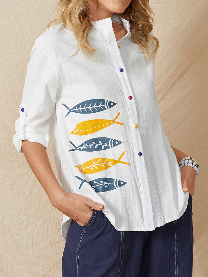 Cartoon Fish Med Tryck Button Stand Krage Långärmad Casual Blus För Kvinnor