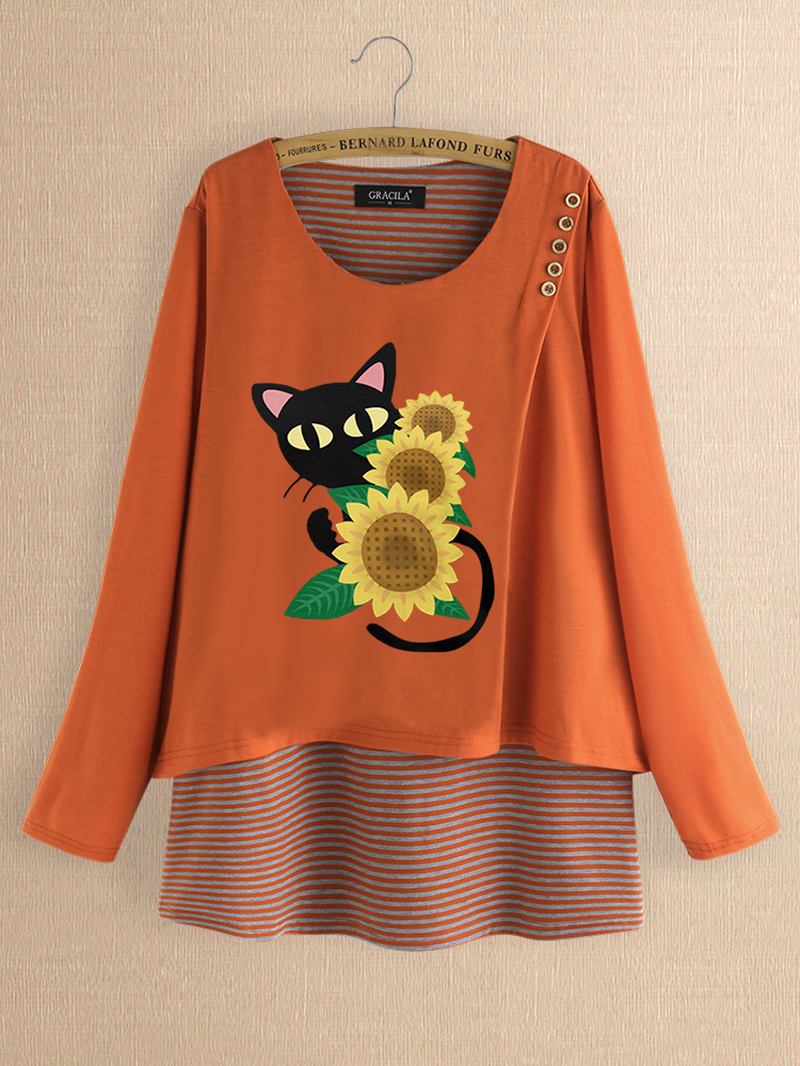 Casual Med Tryck Katt Blommor Patch Randig Blus