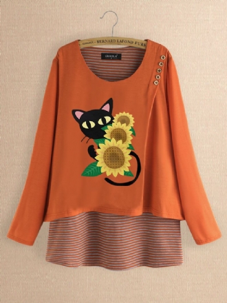 Casual Med Tryck Katt Blommor Patch Randig Blus