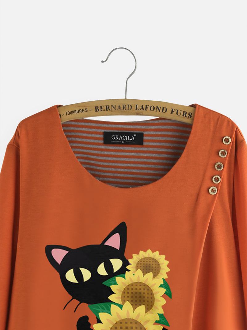 Casual Med Tryck Katt Blommor Patch Randig Blus