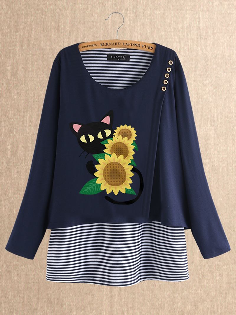 Casual Med Tryck Katt Blommor Patch Randig Blus