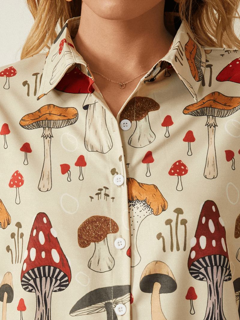 Casual Mushroom Med Tryck Lapel Collar Half Sleeve Button Blus För Kvinnor