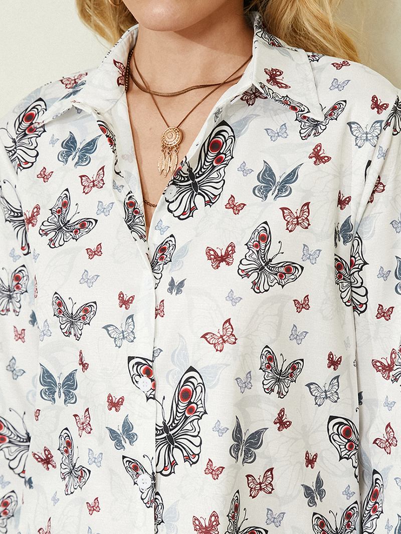 Dam All Over Butterfly Med Tryck Button Up Vit Casual Shirt