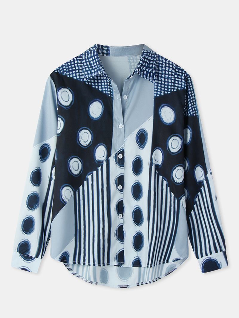 Kvinnor Blandade Polka Dot Med Tryck Patchwork Långärmad Lapel Casual Snygg Blus