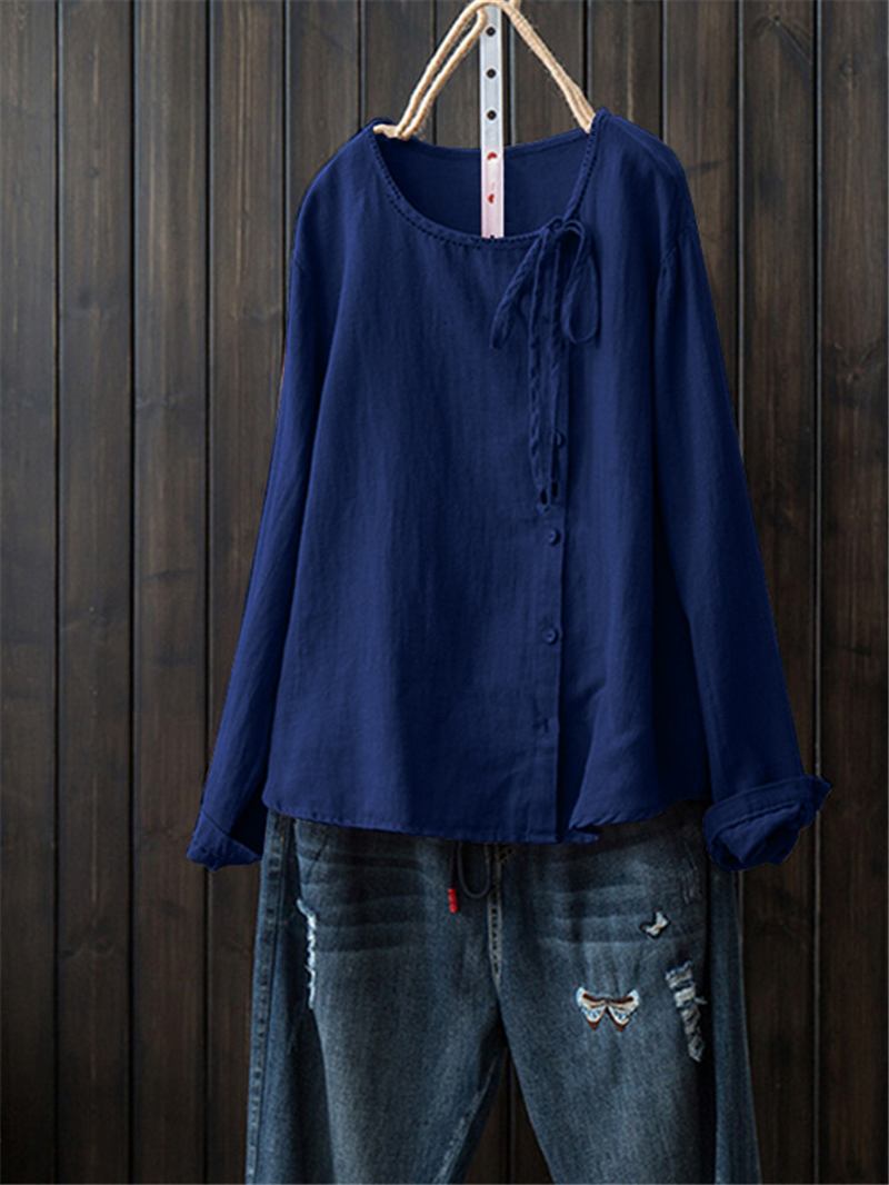 Kvinnor Button Crewneck Bomull Vintage Blus