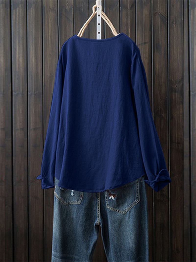 Kvinnor Button Crewneck Bomull Vintage Blus