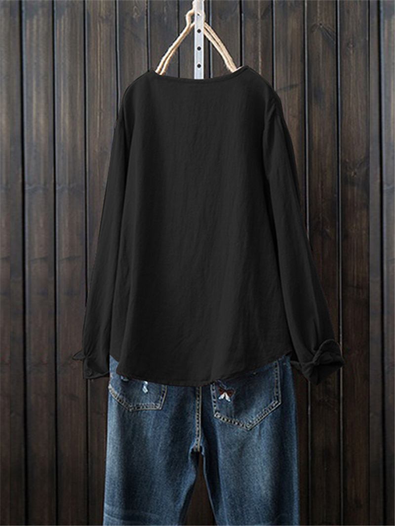 Kvinnor Button Crewneck Bomull Vintage Blus