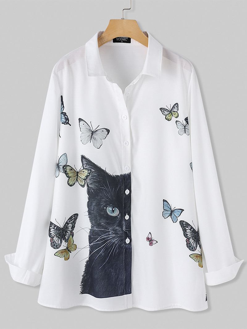 Kvinnor Cartoon Katt Butterfly Med Tryck Button Up Lapel Casual Långärmade Skjortor