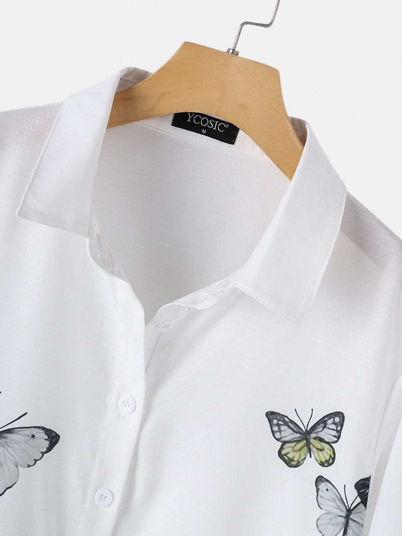 Kvinnor Cartoon Katt Butterfly Med Tryck Button Up Lapel Casual Långärmade Skjortor