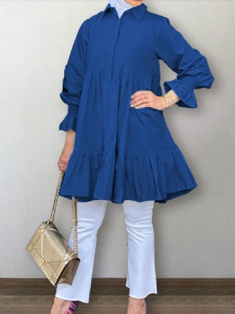 Kvinnor Halv Knappslag Lapel Tiered Ruffle Sleeve Solid Casual Blusar