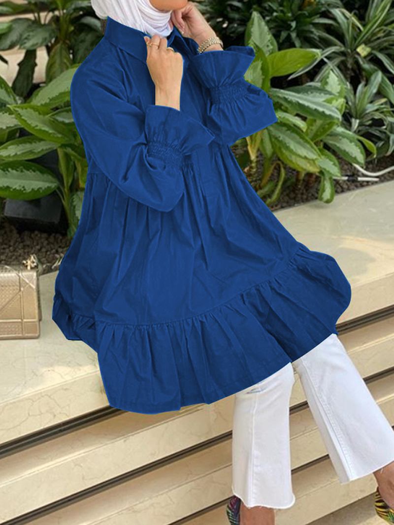 Kvinnor Halv Knappslag Lapel Tiered Ruffle Sleeve Solid Casual Blusar