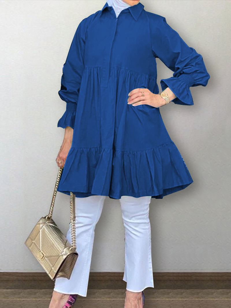 Kvinnor Halv Knappslag Lapel Tiered Ruffle Sleeve Solid Casual Blusar