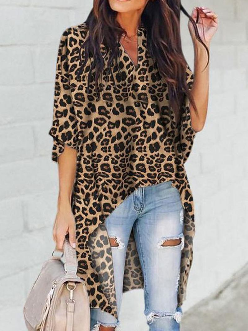 Kvinnor Leopard Med Tryck Oregelbunden Hem V-ringad Casual Blus