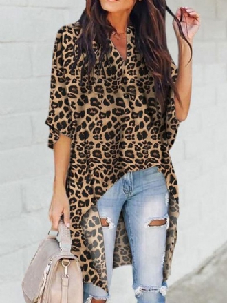 Kvinnor Leopard Med Tryck Oregelbunden Hem V-ringad Casual Blus