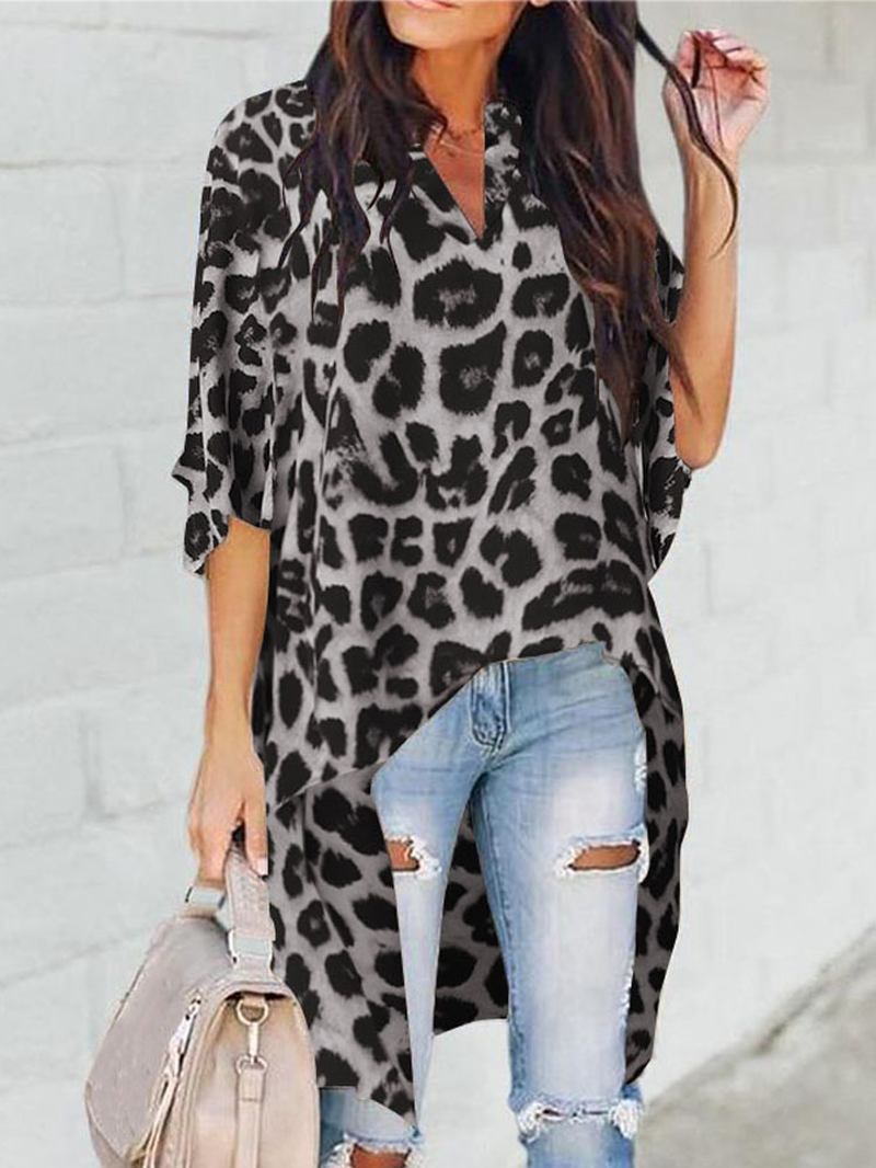 Kvinnor Leopard Med Tryck Oregelbunden Hem V-ringad Casual Blus