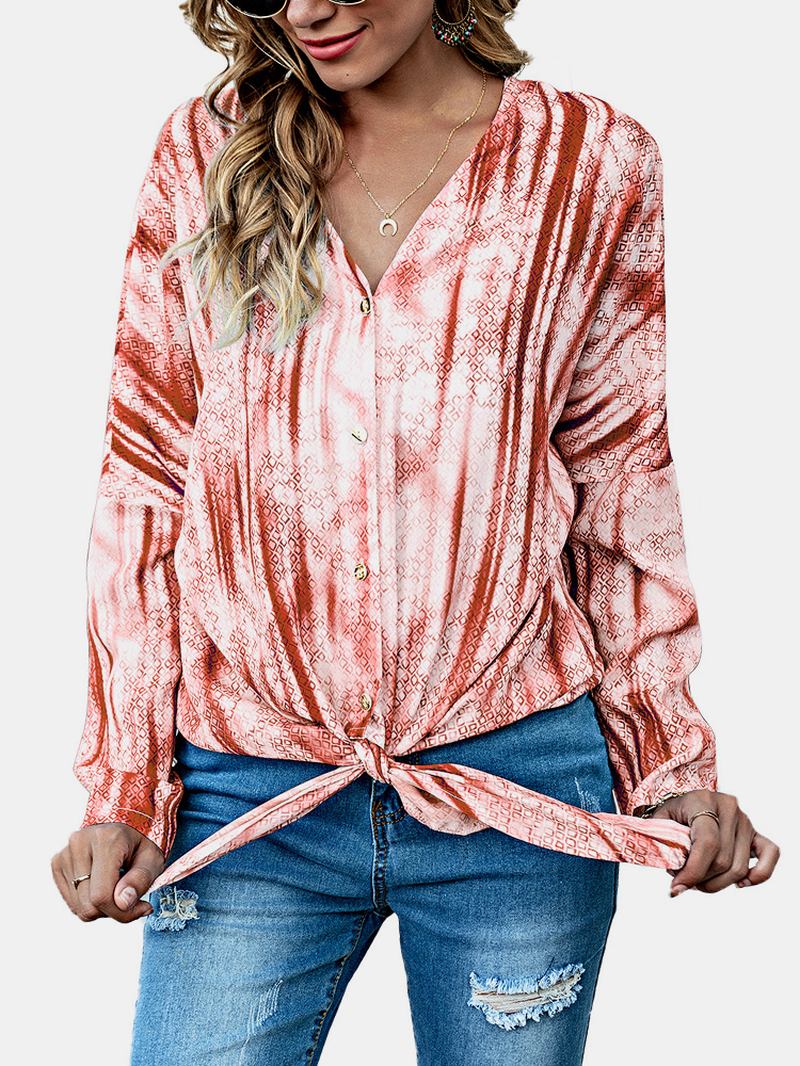 Kvinnor Tie Dye Med Tryck Knotted Långärmad Casual Blus