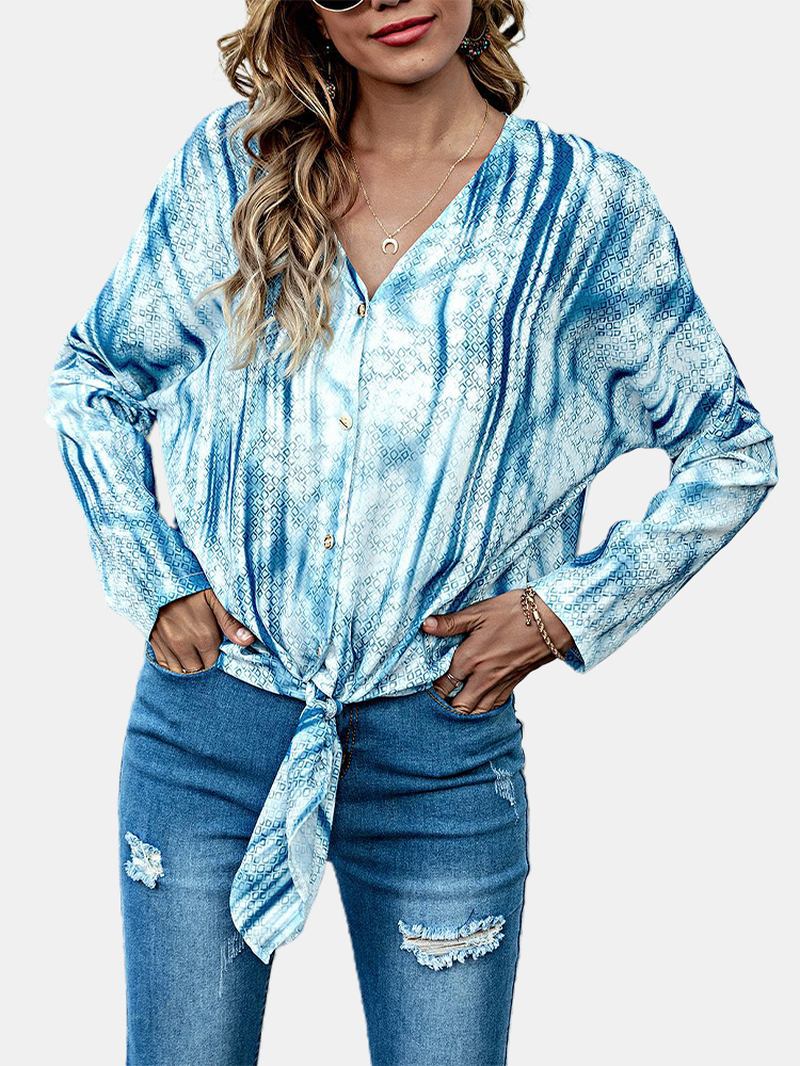 Kvinnor Tie Dye Med Tryck Knotted Långärmad Casual Blus