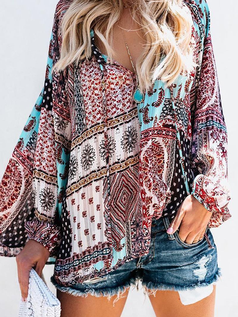 Kvinnor V-ringad Boho Blommig Blus