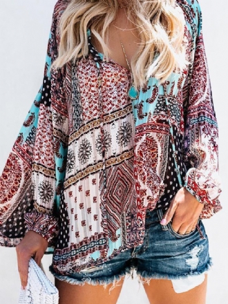 Kvinnor V-ringad Boho Blommig Blus