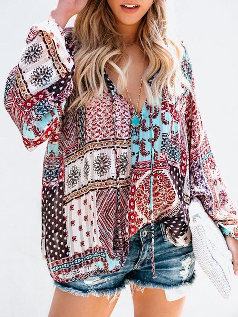 Kvinnor V-ringad Boho Blommig Blus