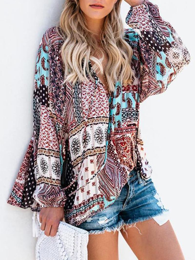 Kvinnor V-ringad Boho Blommig Blus