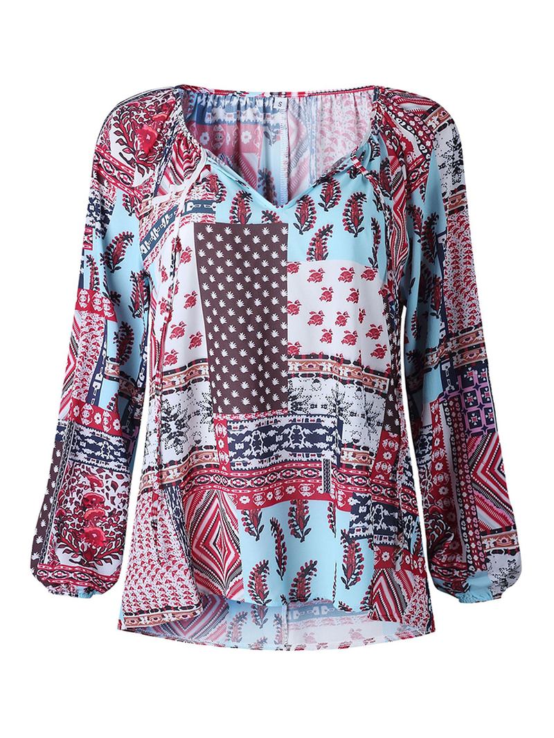 Kvinnor V-ringad Boho Blommig Blus