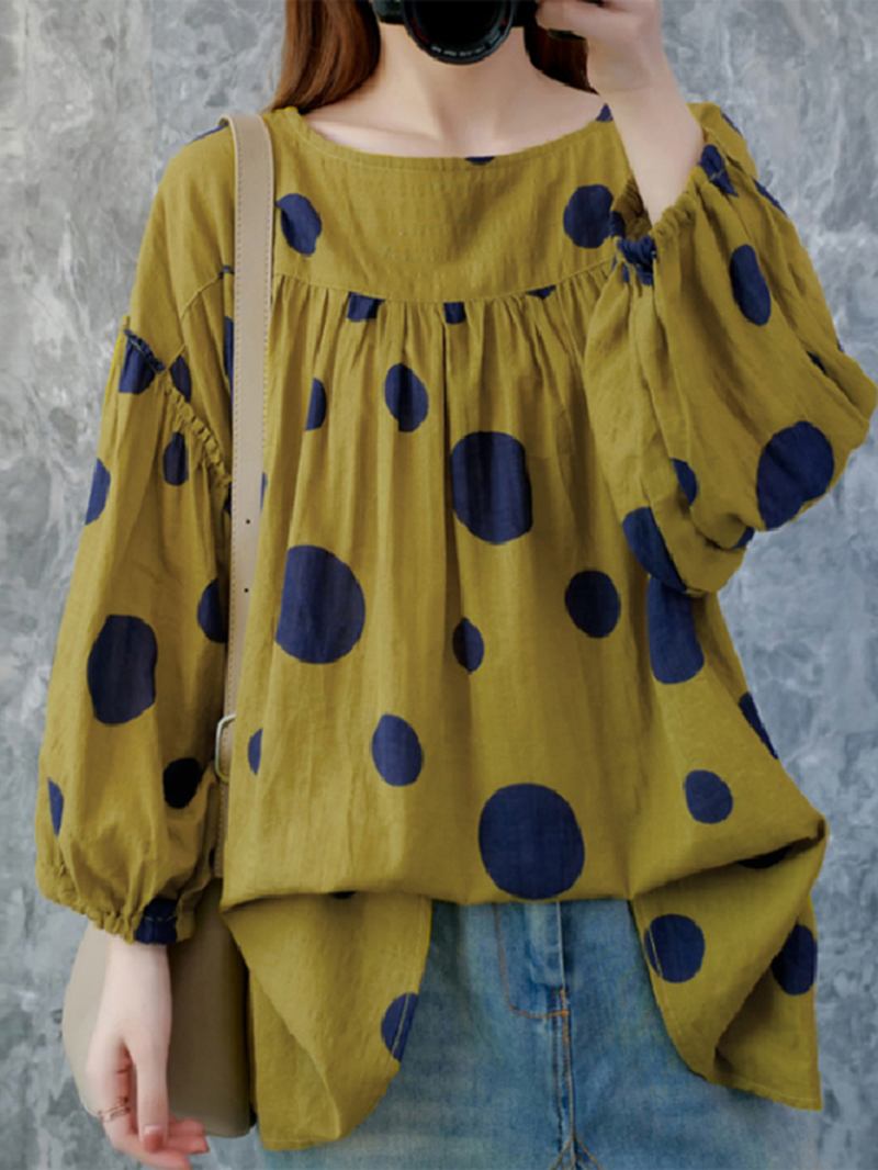 Kvinnor Vintage Polka Dot Med Tryck Puff Sleeve Lös Plisserad Blus