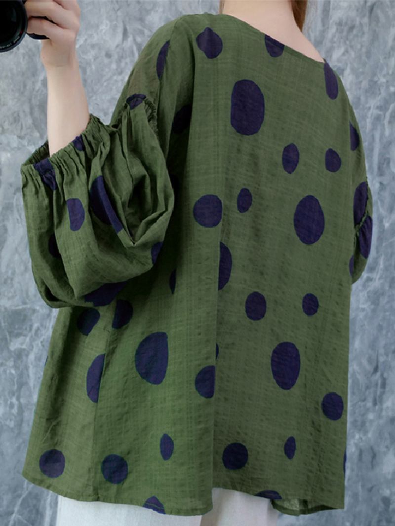 Kvinnor Vintage Polka Dot Med Tryck Puff Sleeve Lös Plisserad Blus