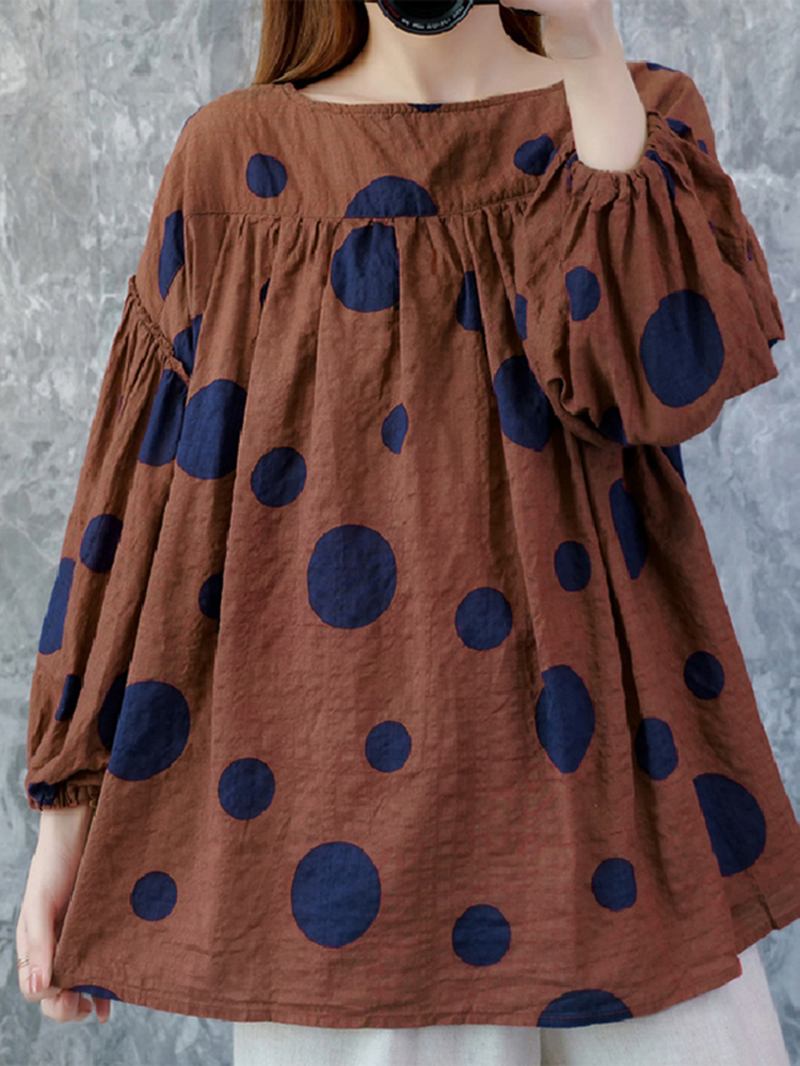 Kvinnor Vintage Polka Dot Med Tryck Puff Sleeve Lös Plisserad Blus