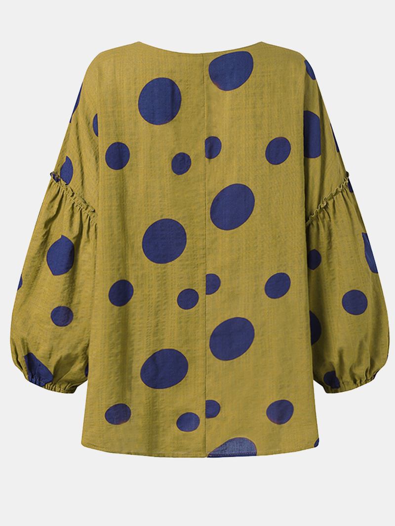 Kvinnor Vintage Polka Dot Med Tryck Puff Sleeve Lös Plisserad Blus