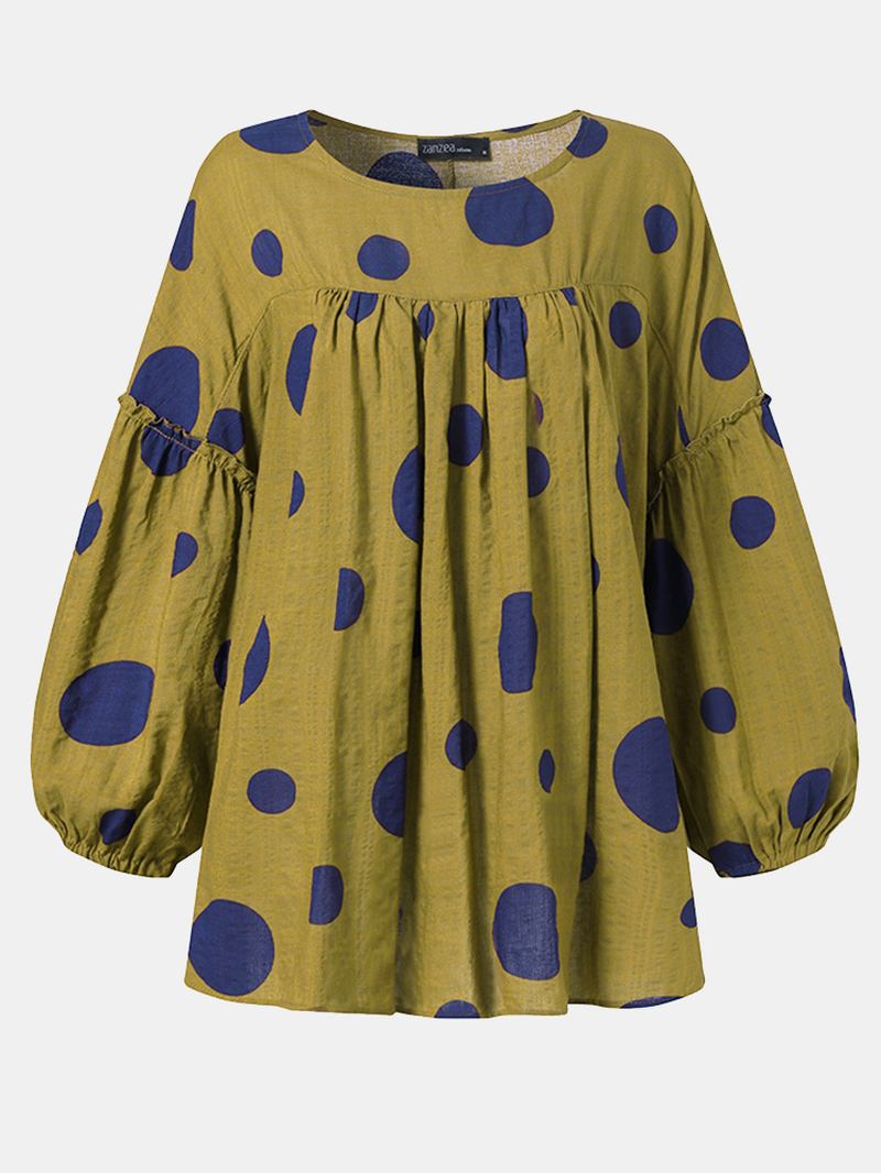 Kvinnor Vintage Polka Dot Med Tryck Puff Sleeve Lös Plisserad Blus