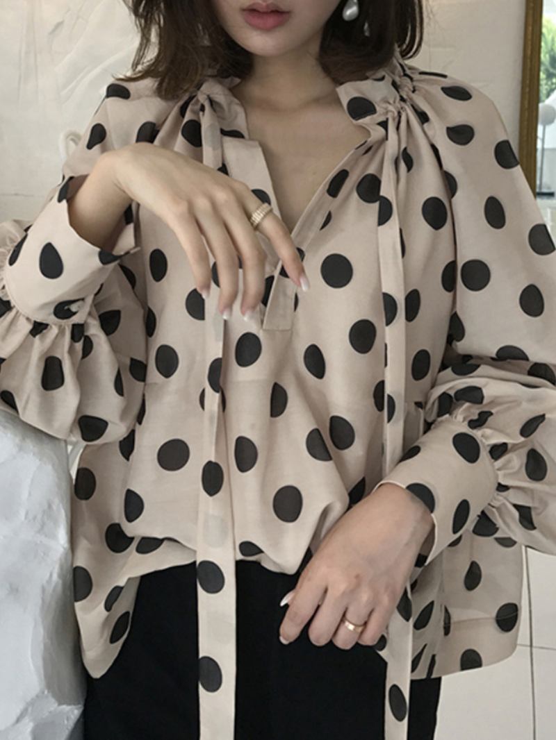 Polka Dots Med Tryck Lantern Sleeve Halslinje Fluga Casual Blus För Kvinnor