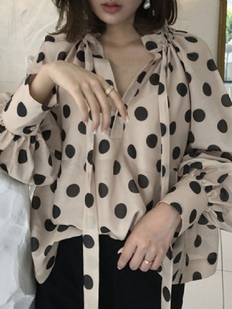 Polka Dots Med Tryck Lantern Sleeve Halslinje Fluga Casual Blus För Kvinnor