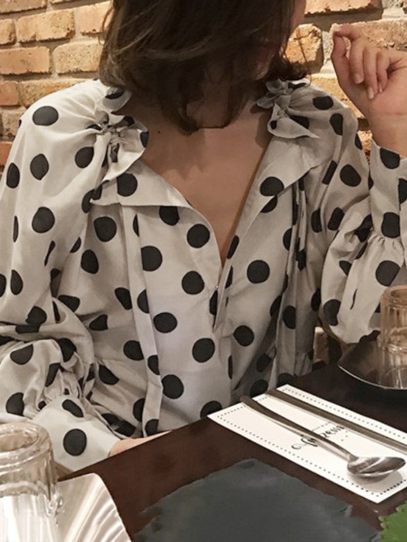 Polka Dots Med Tryck Lantern Sleeve Halslinje Fluga Casual Blus För Kvinnor