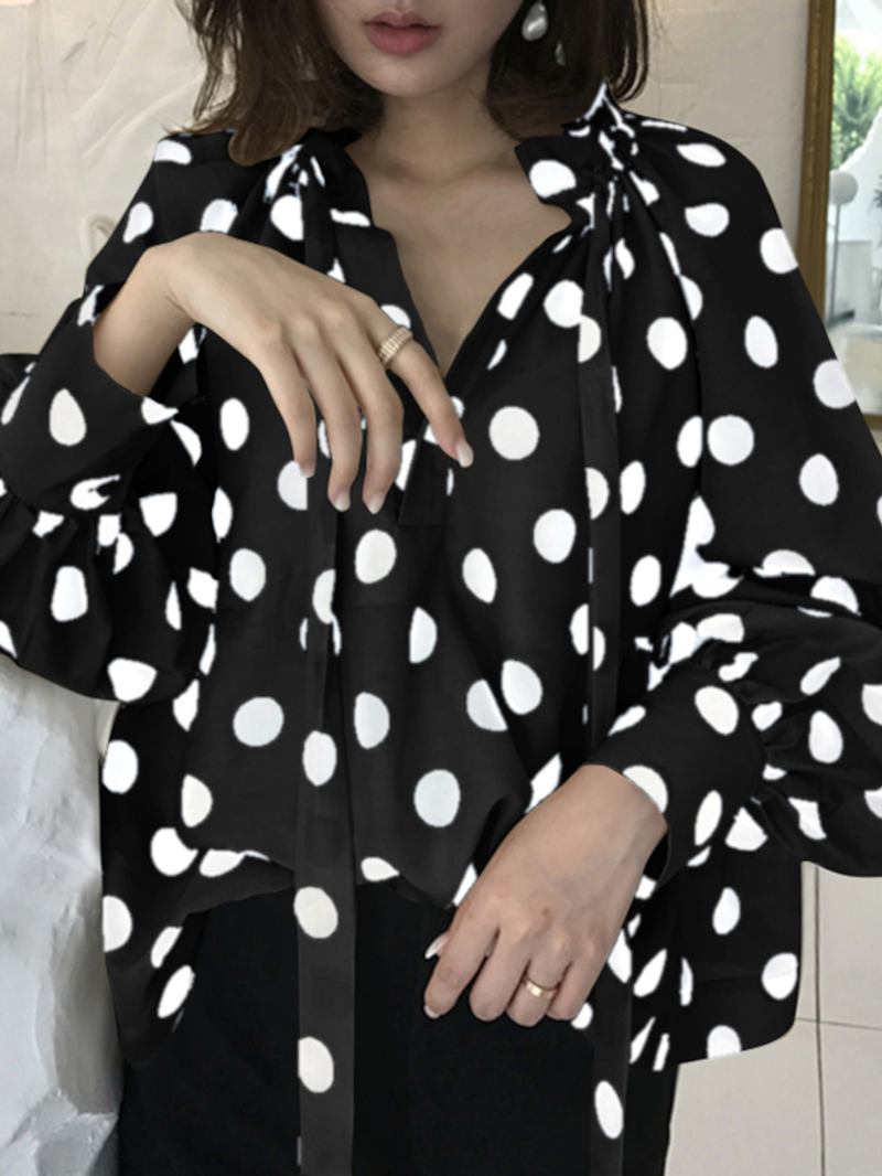 Polka Dots Med Tryck Lantern Sleeve Halslinje Fluga Casual Blus För Kvinnor