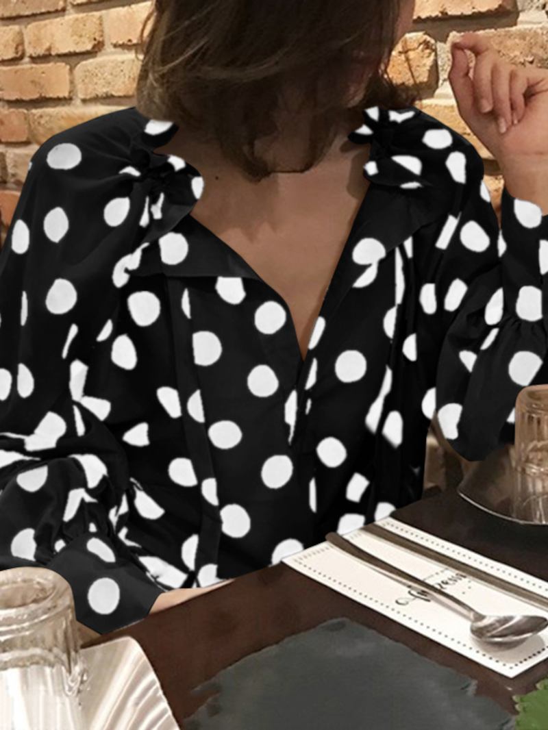 Polka Dots Med Tryck Lantern Sleeve Halslinje Fluga Casual Blus För Kvinnor